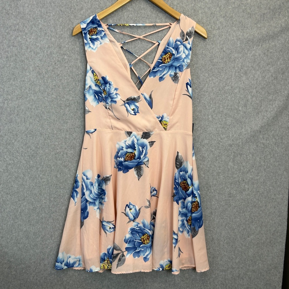 Lulus Small Garden Walk Mini Skater Dress Blush Pink Blue Floral Lace Up Back